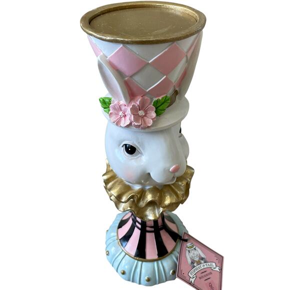 NEW Tophat & Tail Mad Hatter Easter Bunny Pillar Candle Holder Chic Spring Decor - Picture 4 of 16